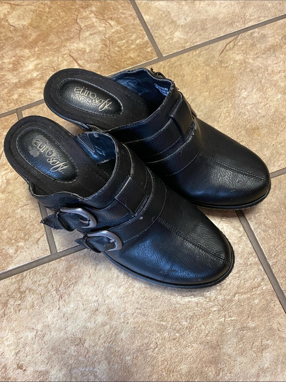 Eurosoft Black Mules with Silver Buckles Size 7.5M Office Clogs Classroom